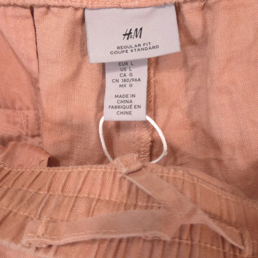 H&M Regular Fit Linen Pants Mens L Elastic Waist Drawstring Peach Orange Summer